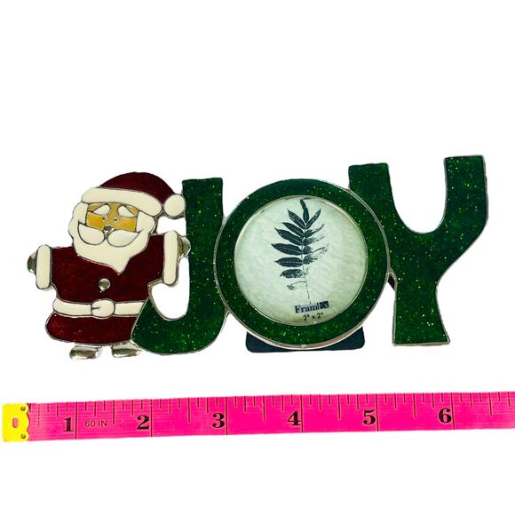 Santa Joy Picture Frame 6.5” Christmas Decor Holds 2” Round Photo Glitter Vtg - Picture 5 of 7